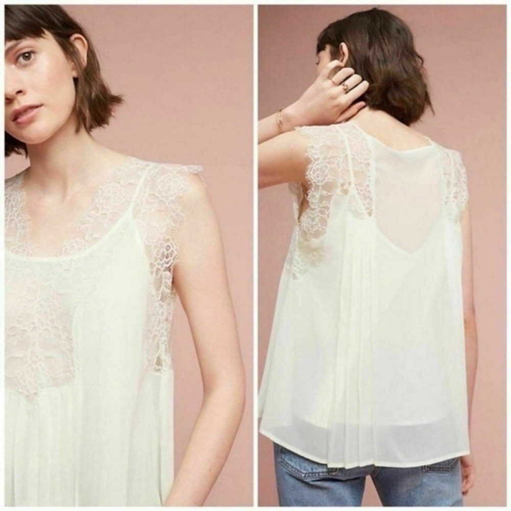 *SOLD* Anthropologie | Love Sam Chiffon Lace Pleated Blouse Top Yellow Small